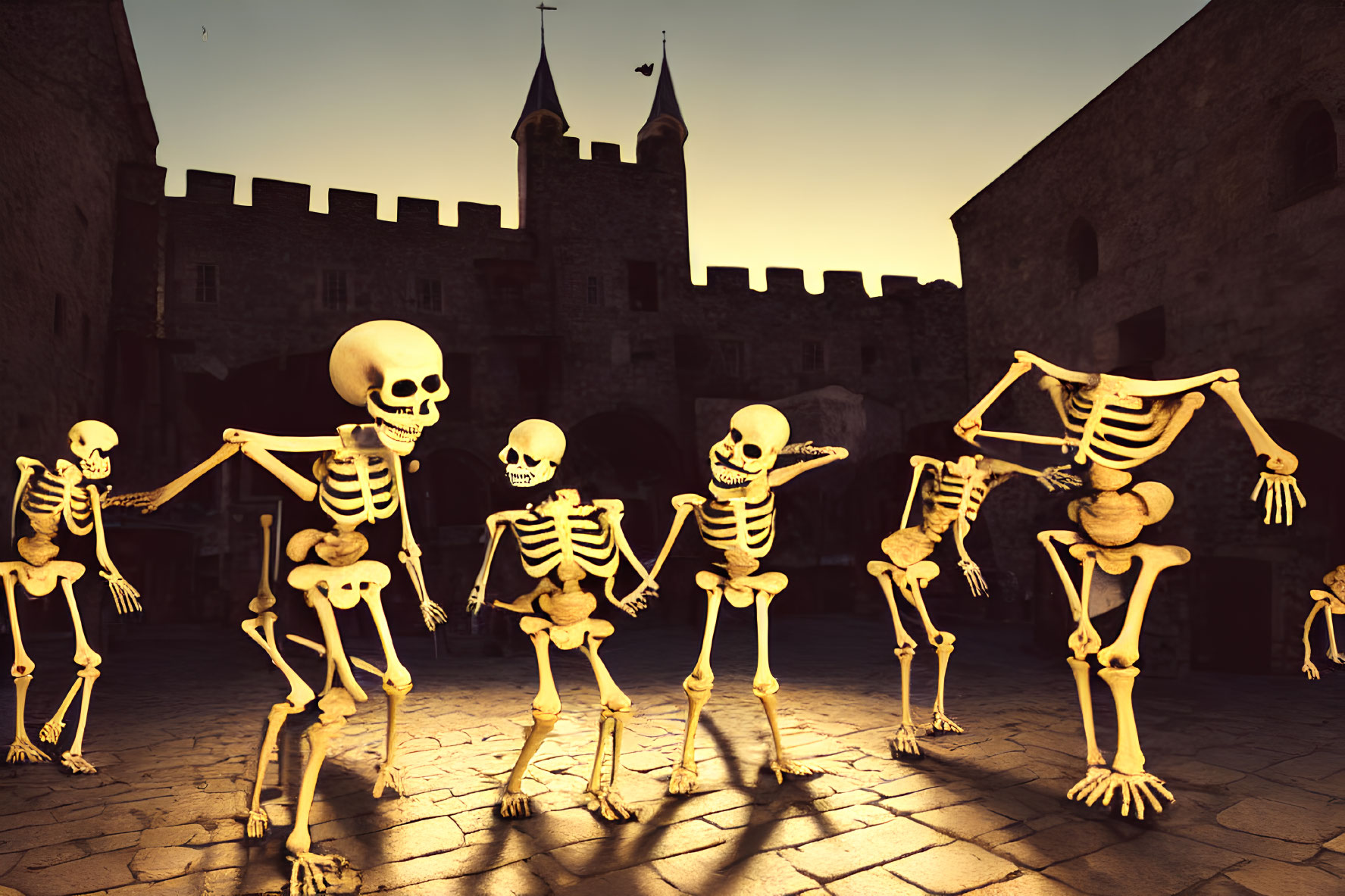 Medieval courtyard scene with dancing skeletons at twilight