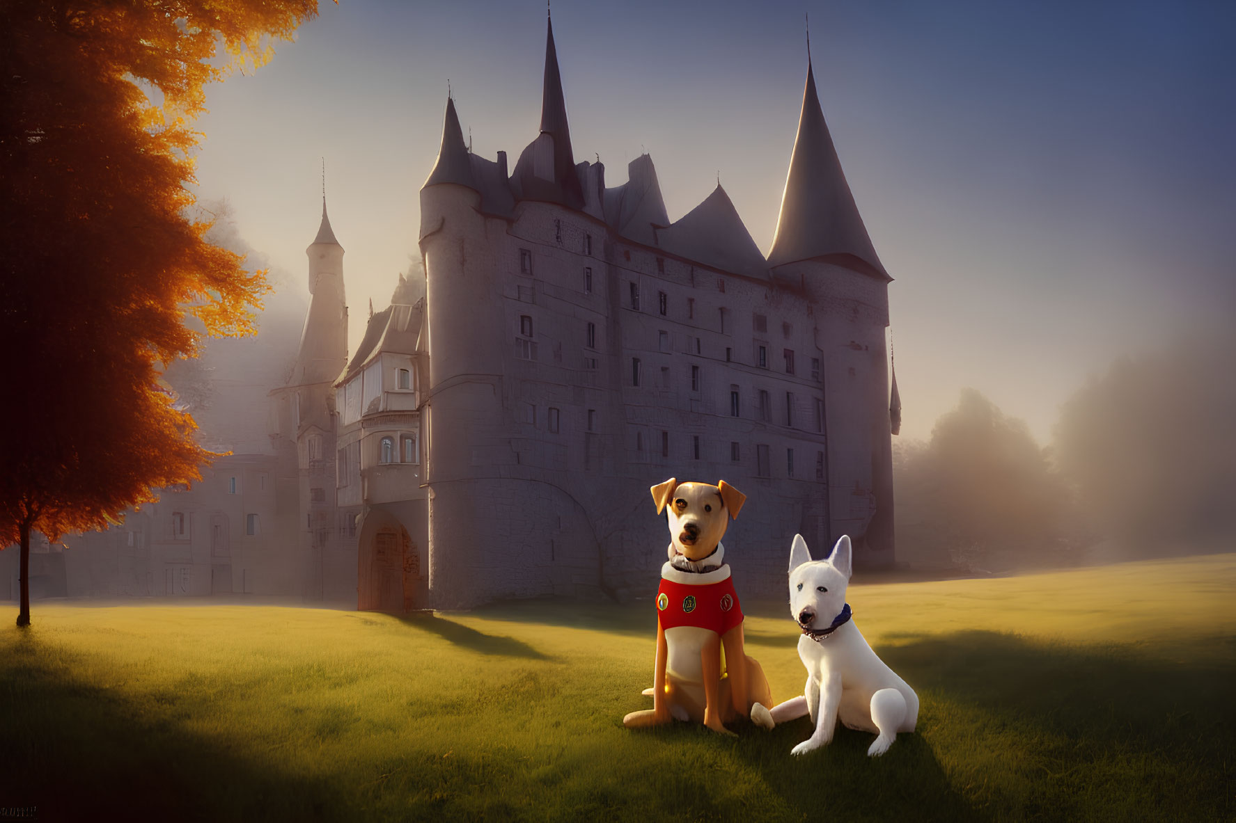 Yellow and white superhero dogs in misty field near fairytale castle at sunrise