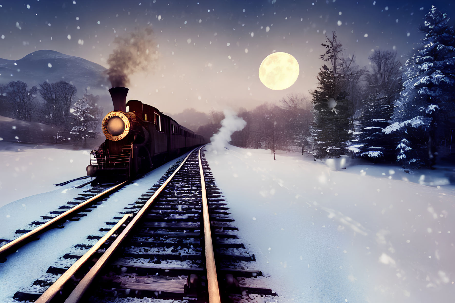 Vintage Steam Train Night Scene on Snow-Covered Tracks