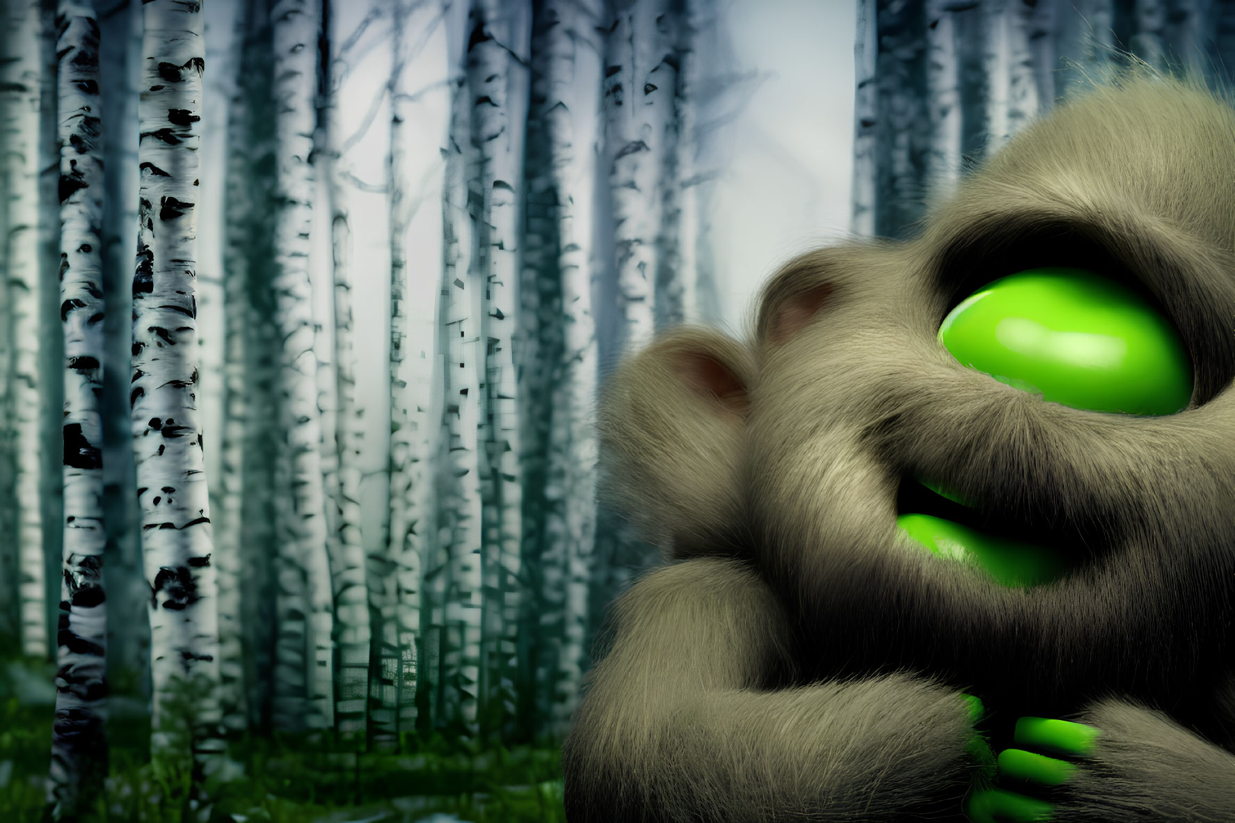 Mysterious furry creature with glowing green eyes in misty birch forest