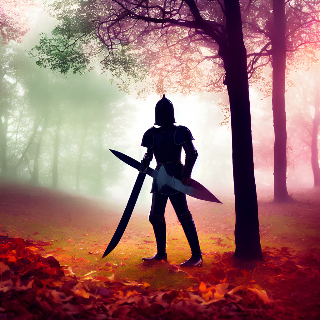 Knight in Armor with Sword in Mystical Autumn Forest