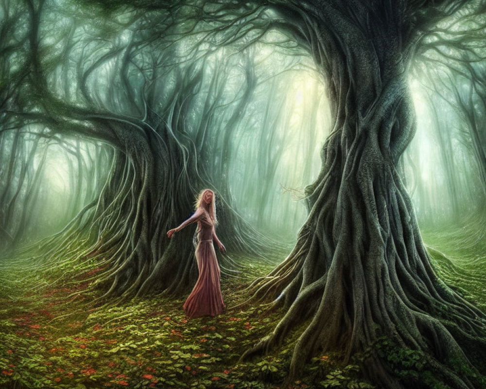 Hooded figure in misty forest with gnarled trees and red flowers