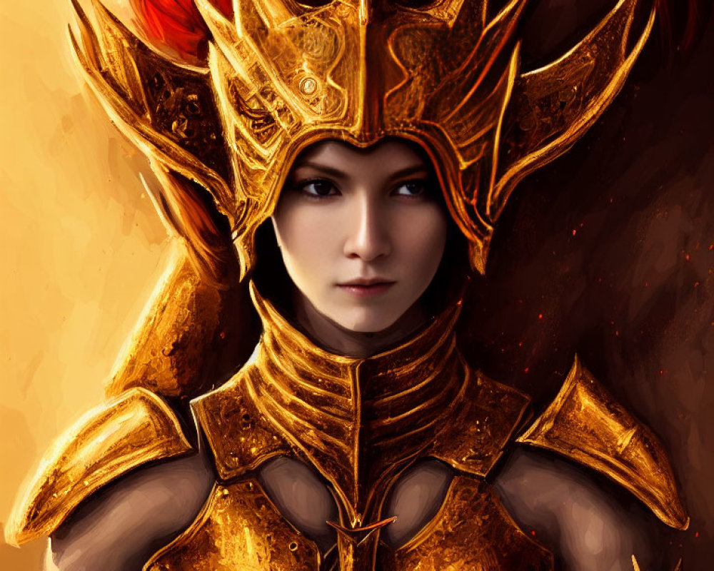 Person in Golden Armor with Elaborate Helmet and Piercing Gaze