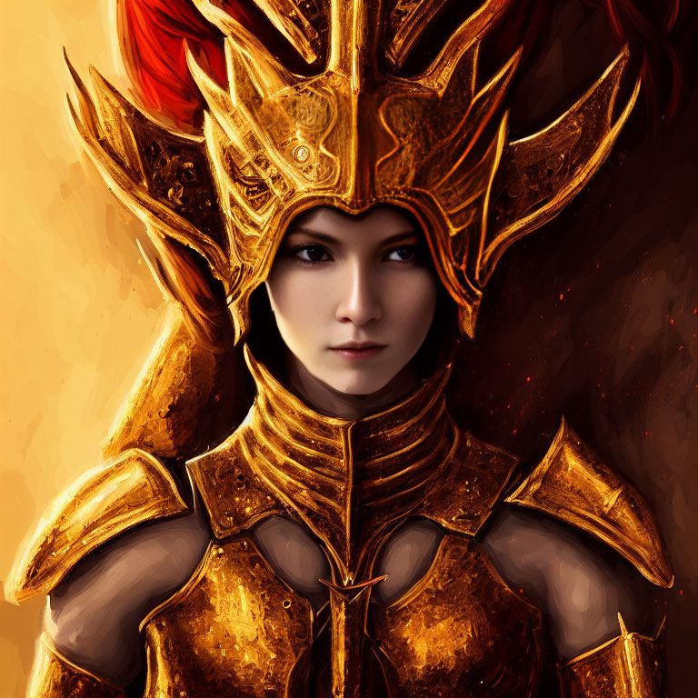 Person in Golden Armor with Elaborate Helmet and Piercing Gaze