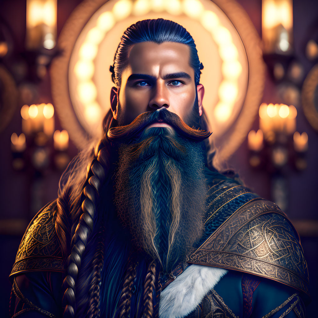 Regal bearded man in armor with styled hair and glowing patterns