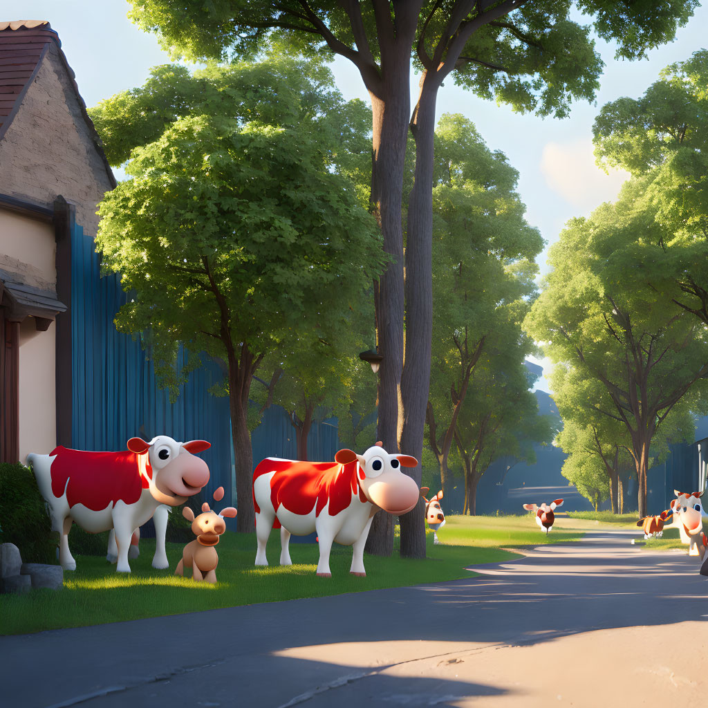 Cartoon cows and puppies in sunny suburban scene