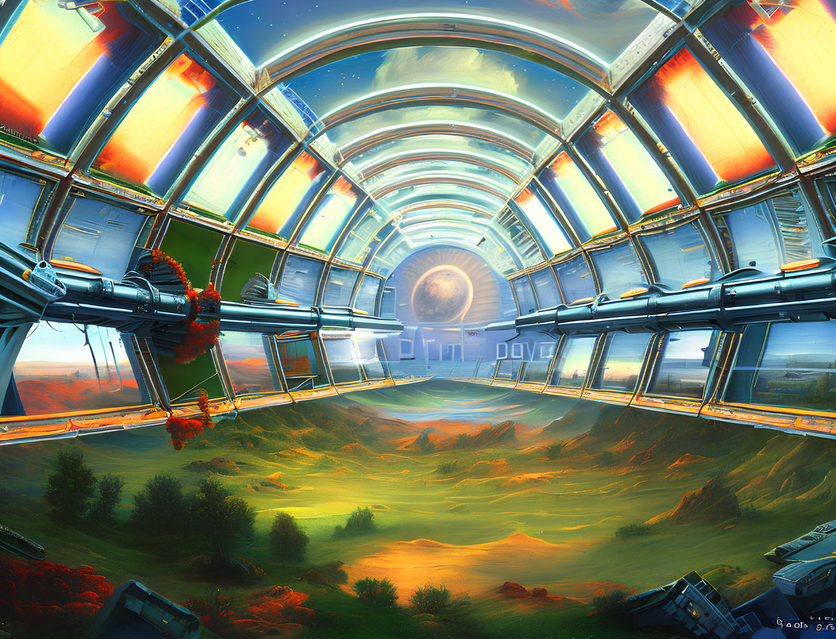 Futuristic glass tunnel with red foliage and distant planets in sunset view