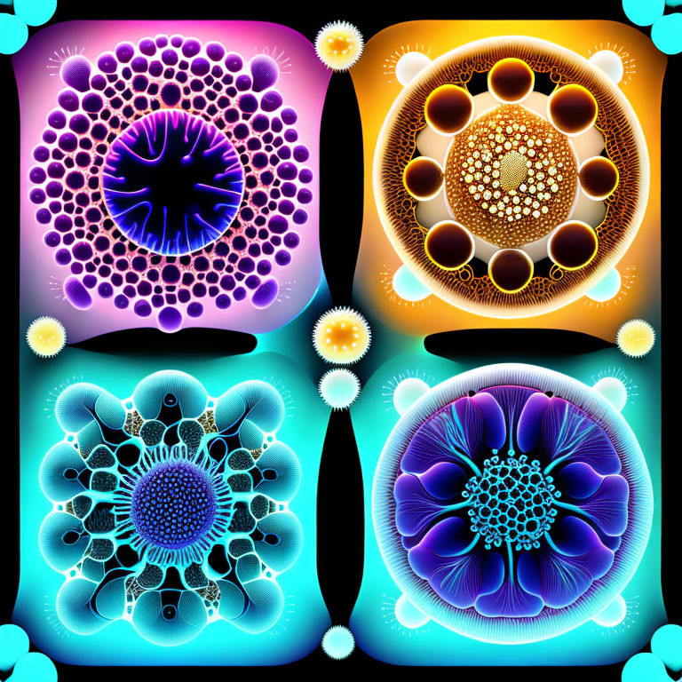 Colorful Kaleidoscopic Patterns of Microscopic Organisms on Vibrant Backgrounds