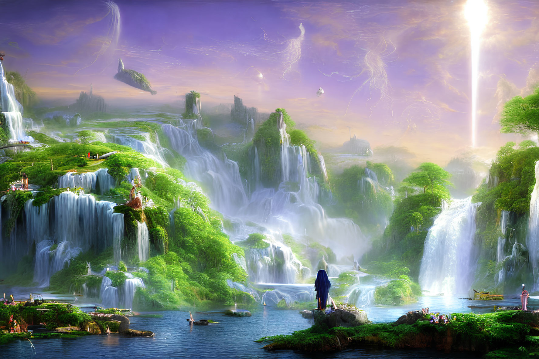 Ethereal landscape with waterfalls, lush greenery, floating islands, and figures observing scenery