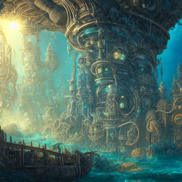 Underwater City with Glowing Windows in Sunlit Blue Ocean