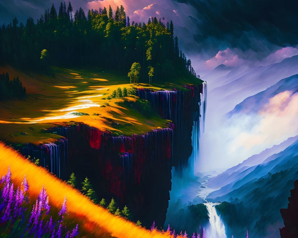 Digital Art: Cliff Waterfall with Mist, Forest, Light Beam, Purple Flowers