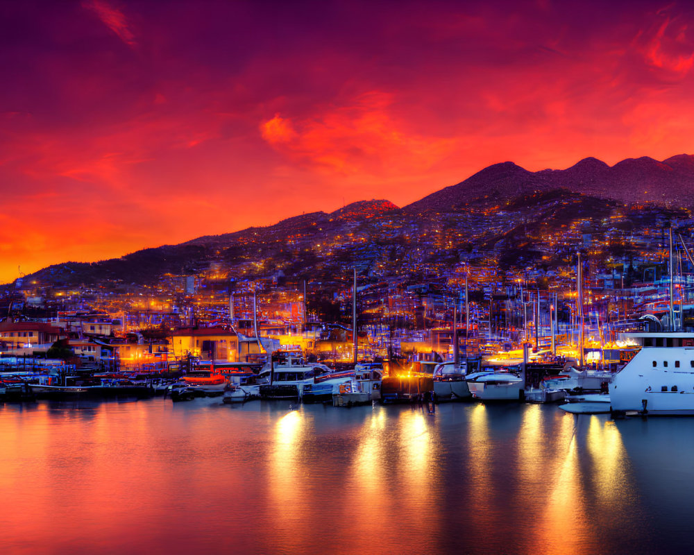 Colorful sunset sky over coastal town with illuminated buildings and yachts on calm waters