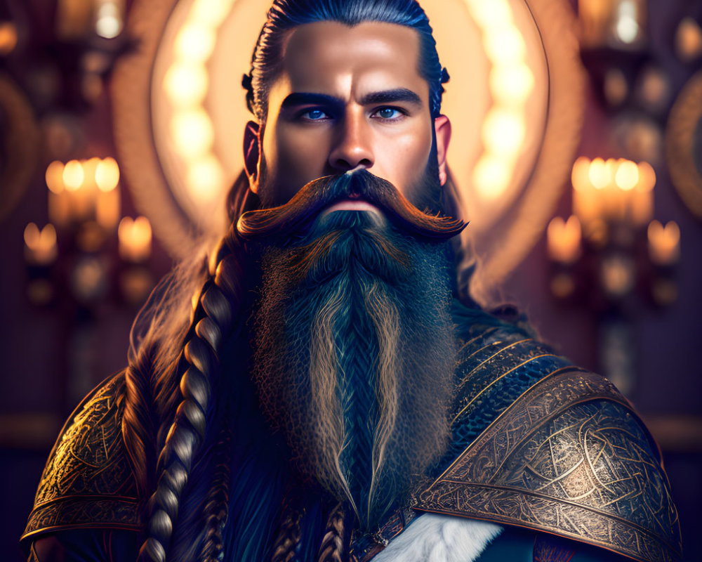 Regal bearded man in armor with styled hair and glowing patterns