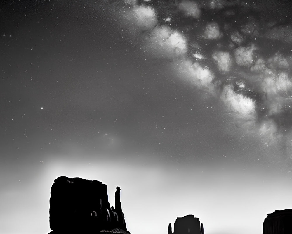 Monochrome image of starry sky over silhouetted rock formations