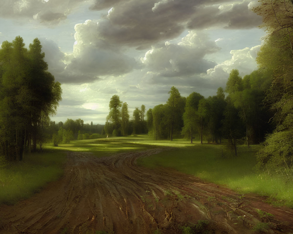 Tranquil landscape: winding dirt road in lush forest under dramatic sky