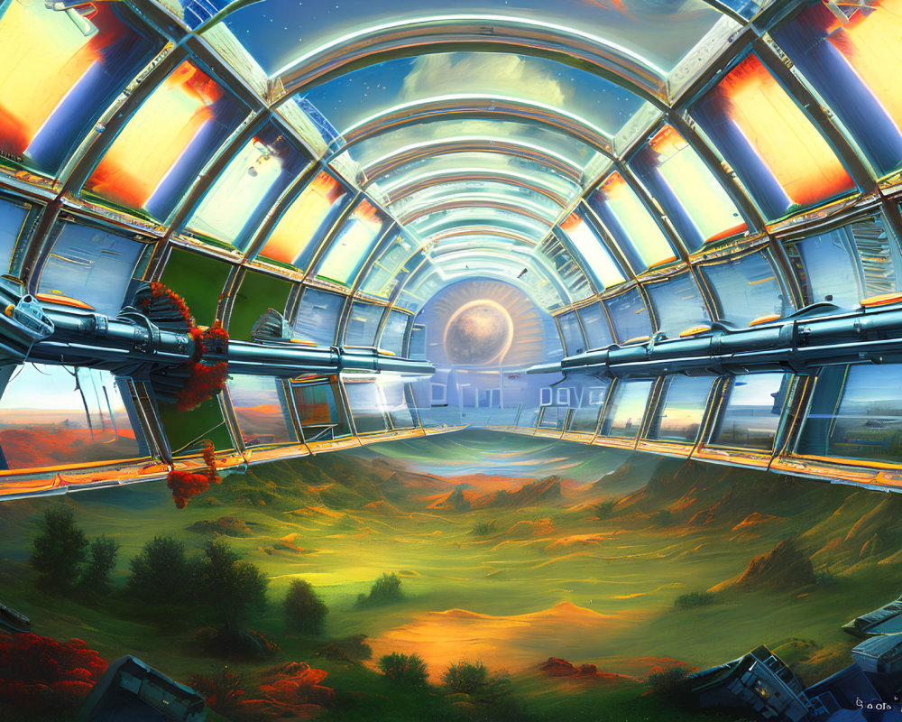 Futuristic glass tunnel with red foliage and distant planets in sunset view