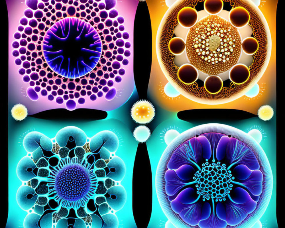 Colorful Kaleidoscopic Patterns of Microscopic Organisms on Vibrant Backgrounds