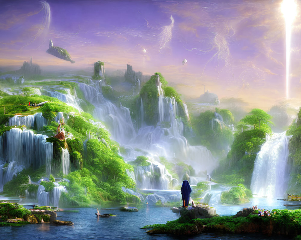 Ethereal landscape with waterfalls, lush greenery, floating islands, and figures observing scenery