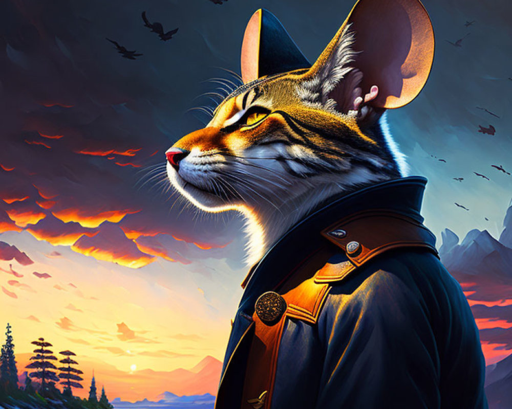 Illustrated Cat with Human-Like Features in Military-Style Coat Against Sunset Backdrop