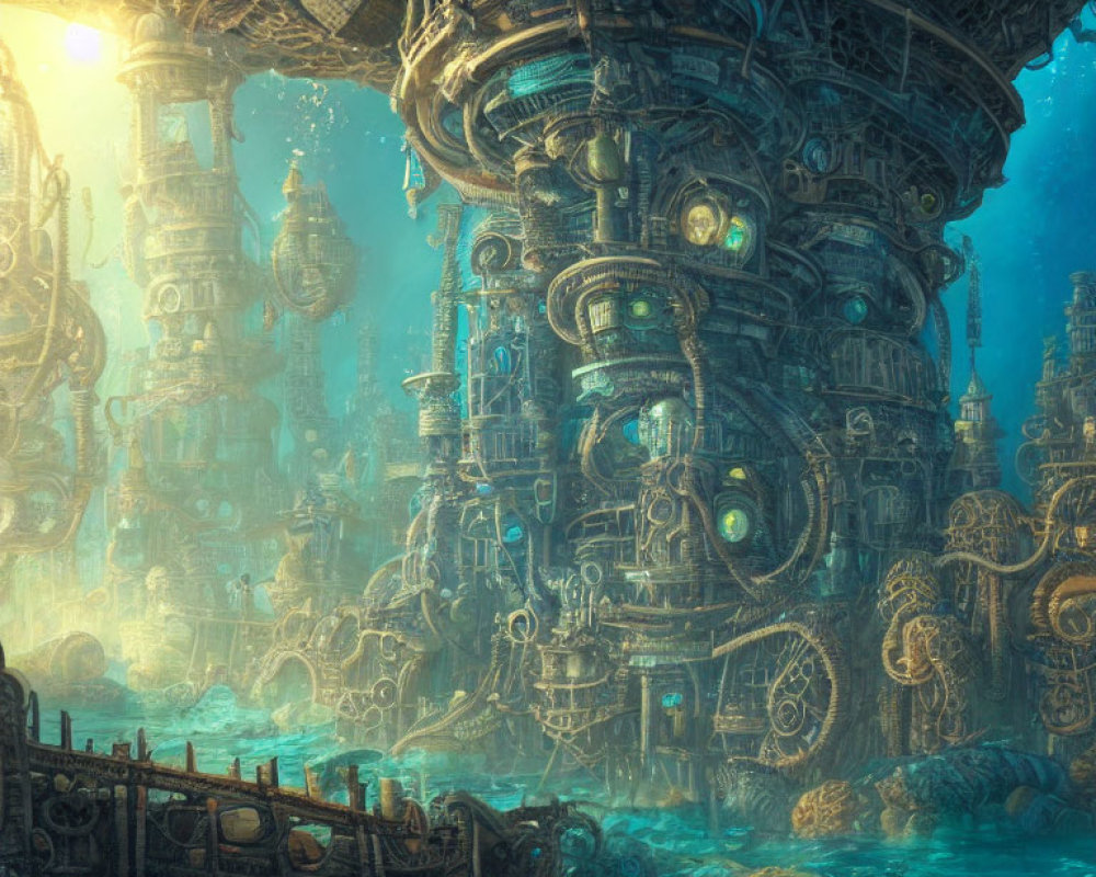 Underwater City with Glowing Windows in Sunlit Blue Ocean