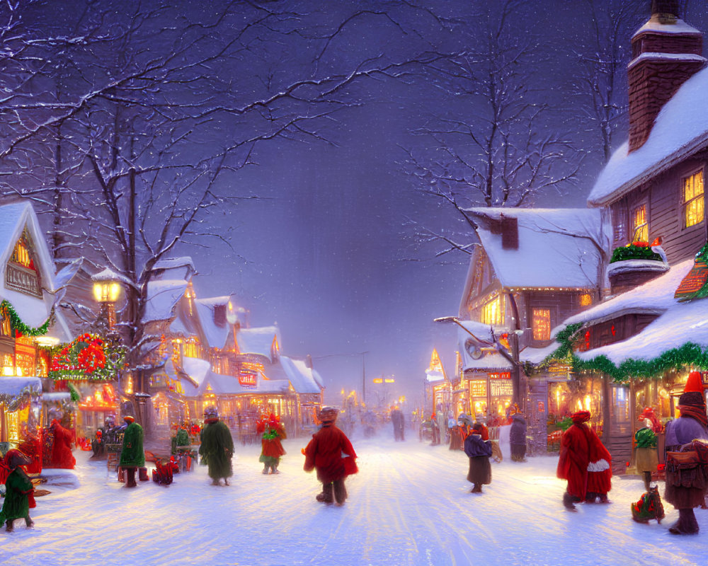 Snow-covered village street at twilight with festive holiday decorations and people in winter attire creating a warm Christmas atmosphere