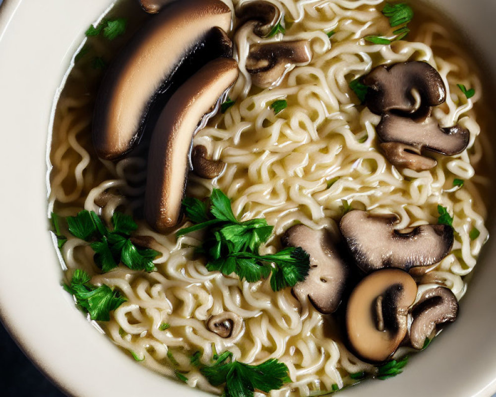 Noodle Soup Bowl with Parsley and Shiitake Mushrooms