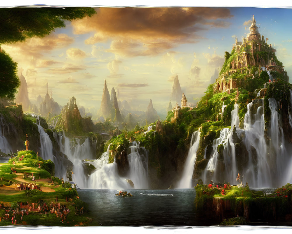 Majestic waterfall, castle, cliffs in fantasy landscape