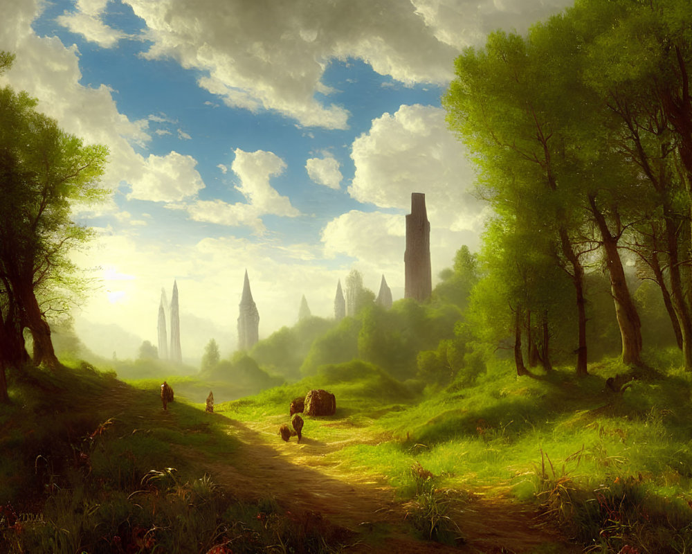 Sunlit Path Through Fantasy Landscape with Castles and Trees