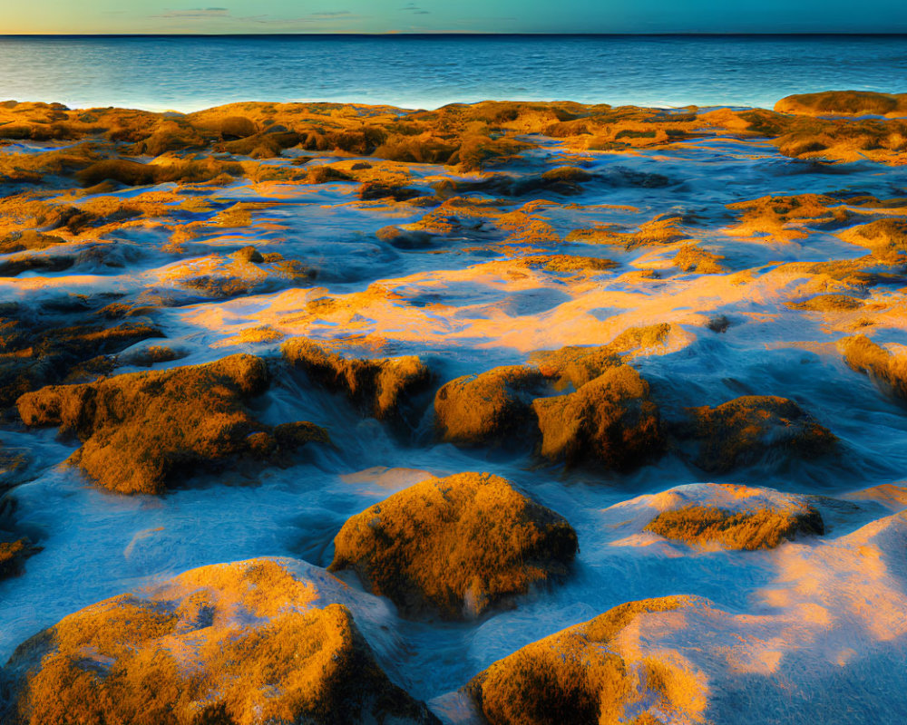 Scenic rocky coastline at sunset with moss-covered stones and tide pools