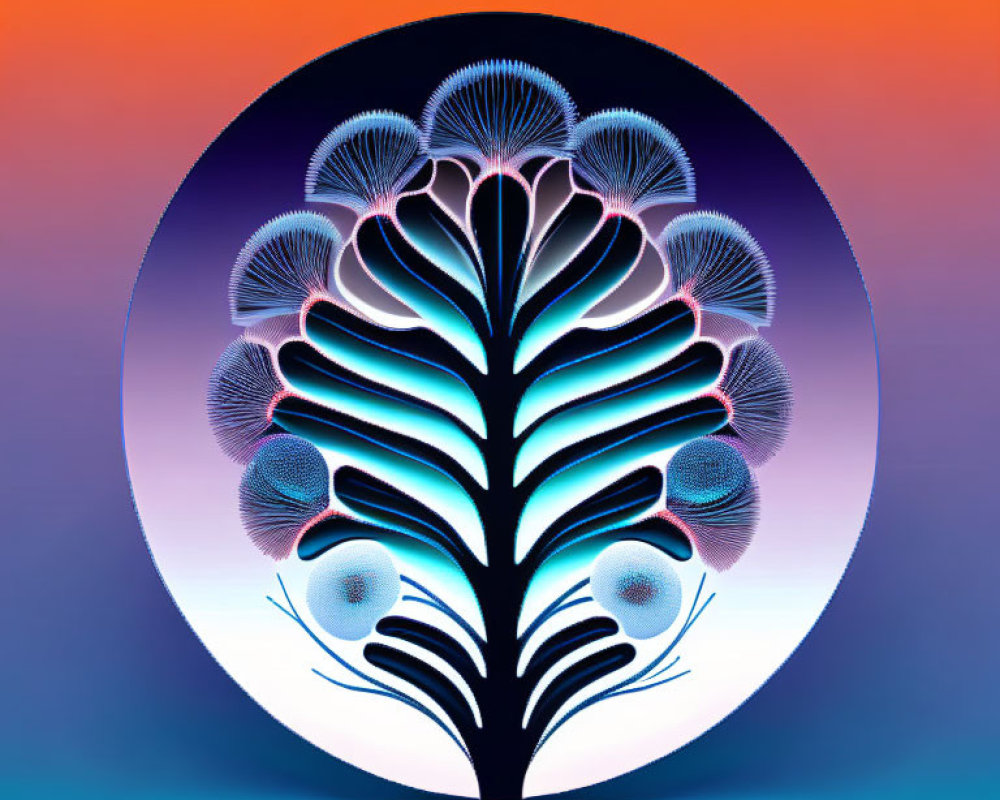 Symmetrical tree design with peacock feather patterns and eyes on orange-blue gradient background