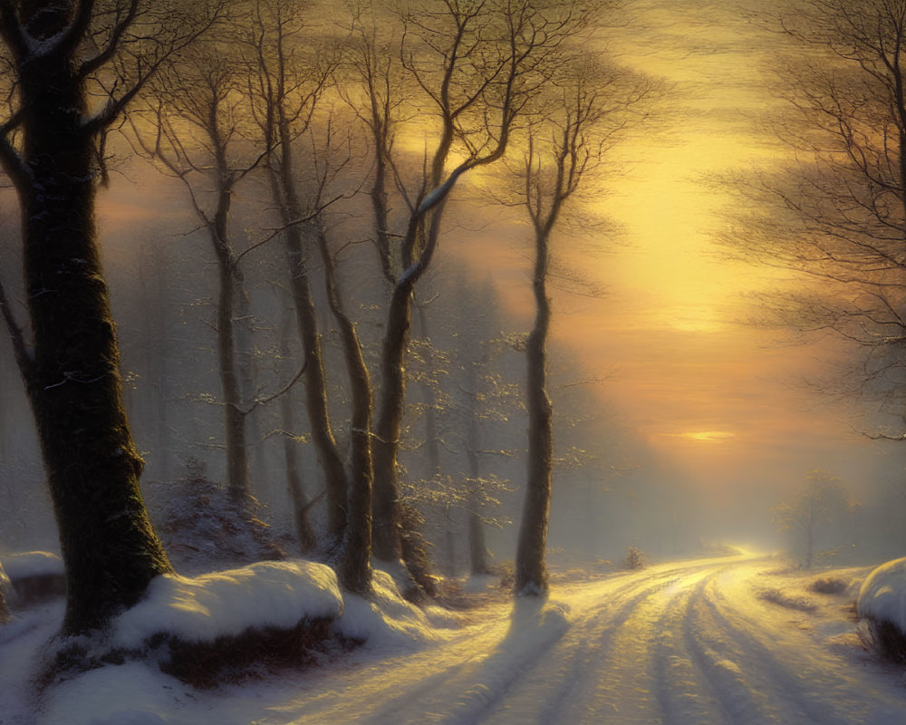 Snow-covered path through sunlit winter forest of bare trees