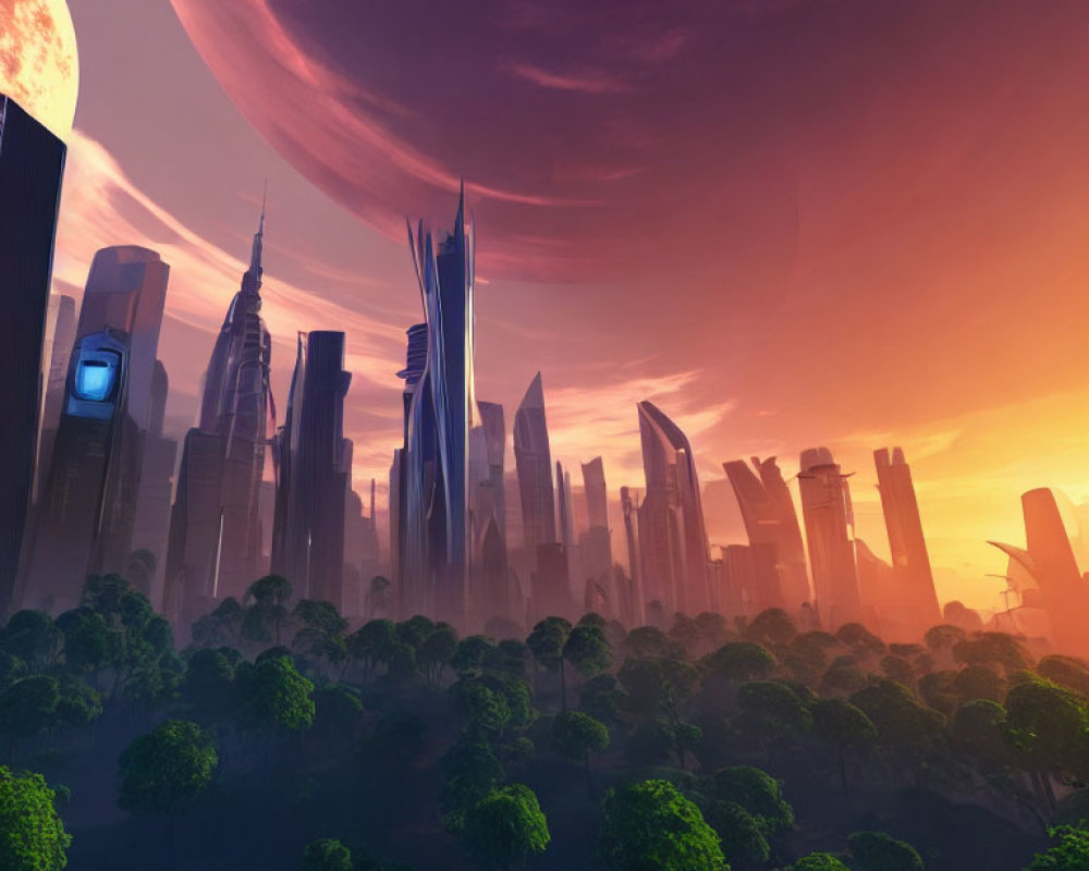 Futuristic cityscape with skyscrapers in a lush forest at sunset