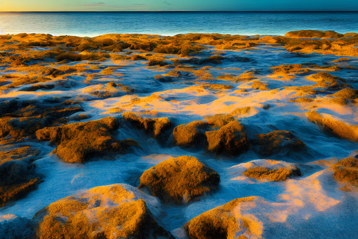 Scenic rocky coastline at sunset with moss-covered stones and tide pools