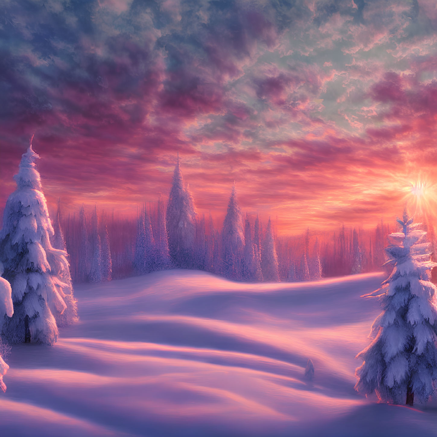 Winter scene: snow-covered pine trees under colorful sunset sky