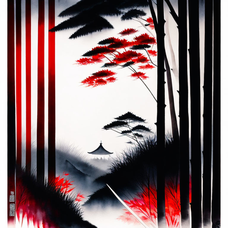 Ink painting of red and black bamboo with red leaves on misty white backdrop