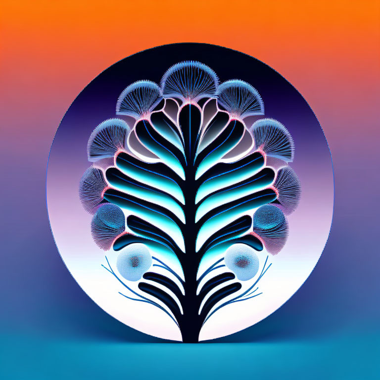 Symmetrical tree design with peacock feather patterns and eyes on orange-blue gradient background