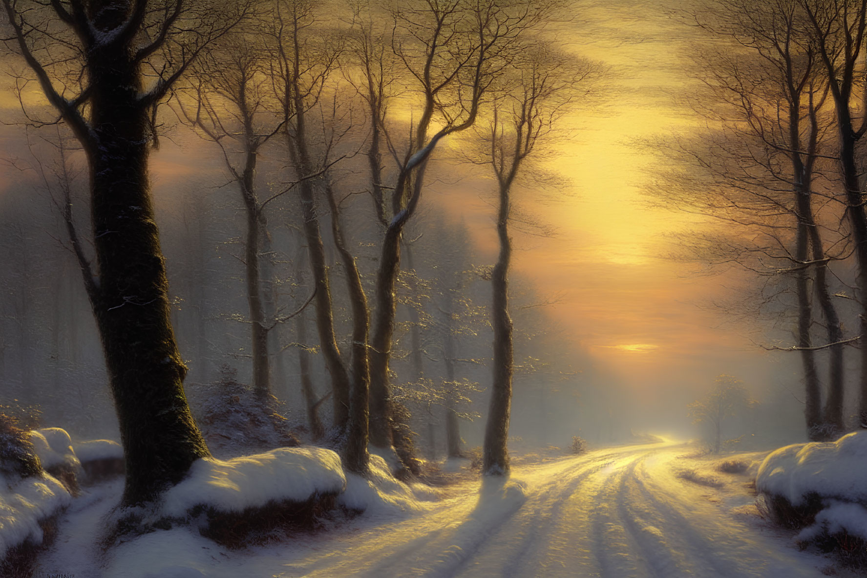 Snow-covered path through sunlit winter forest of bare trees