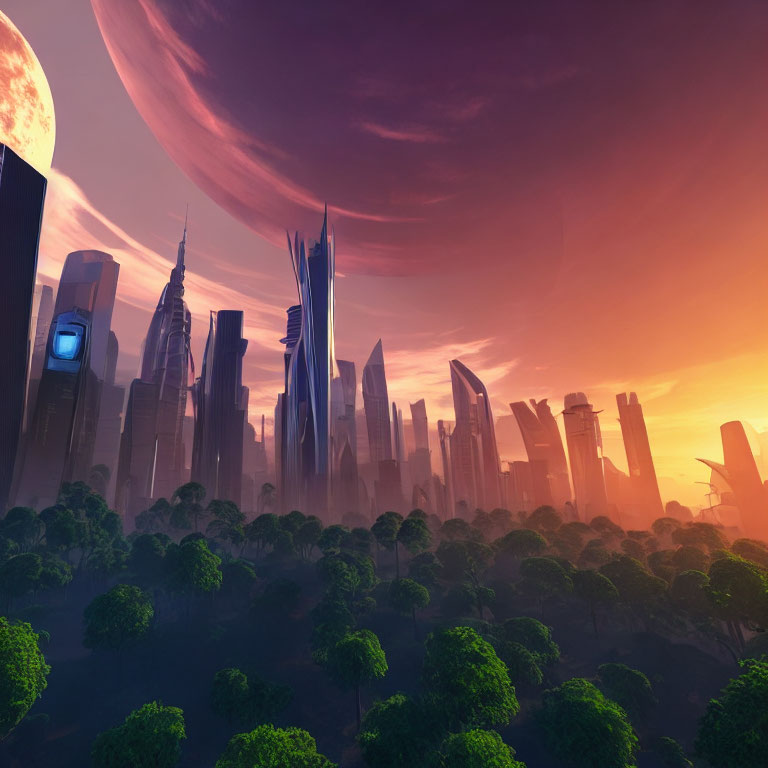 Futuristic cityscape with skyscrapers in a lush forest at sunset