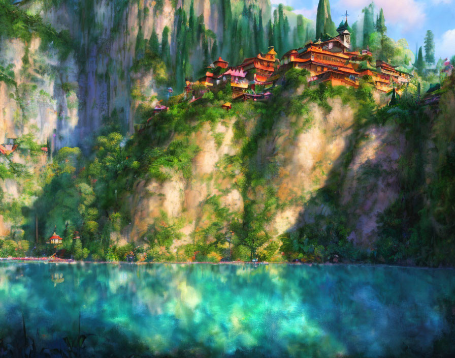 Tranquil landscape with turquoise lake, lush vegetation, and traditional village on verdant cliffs