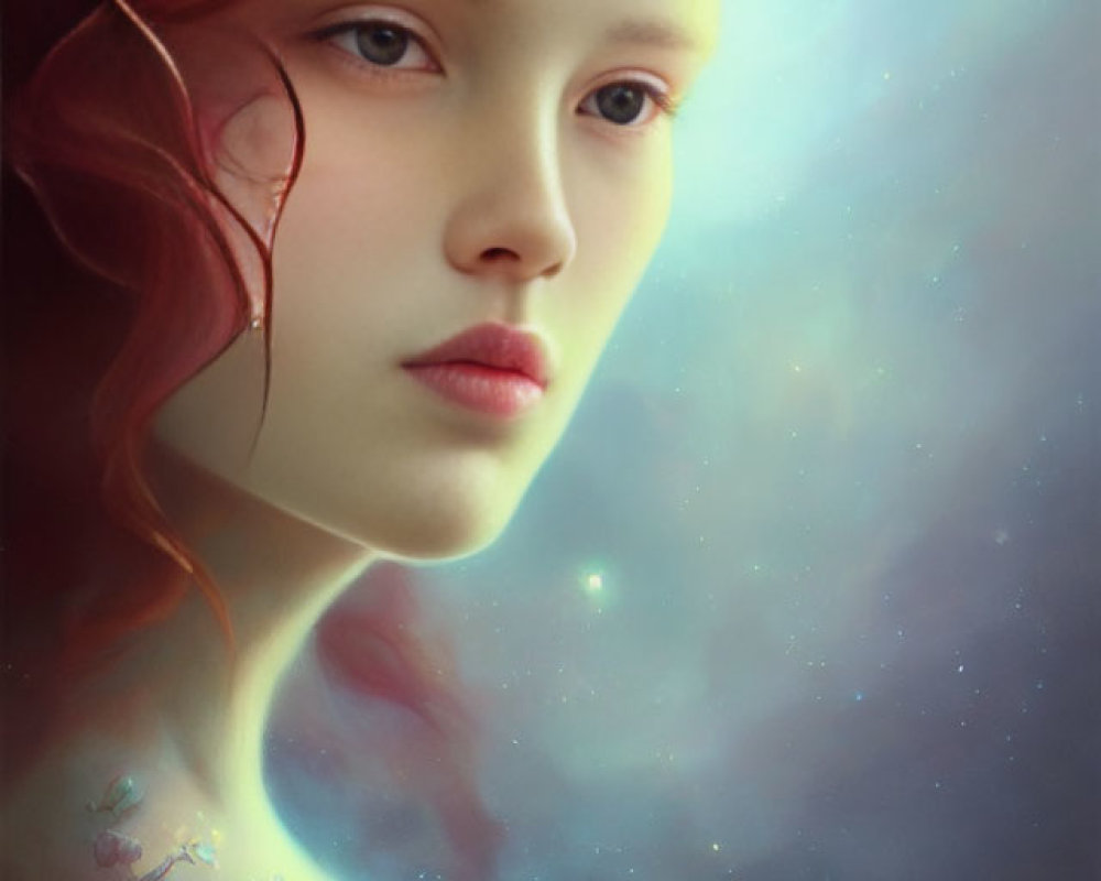 Digital artwork: Young woman with floral shoulder, celestial background