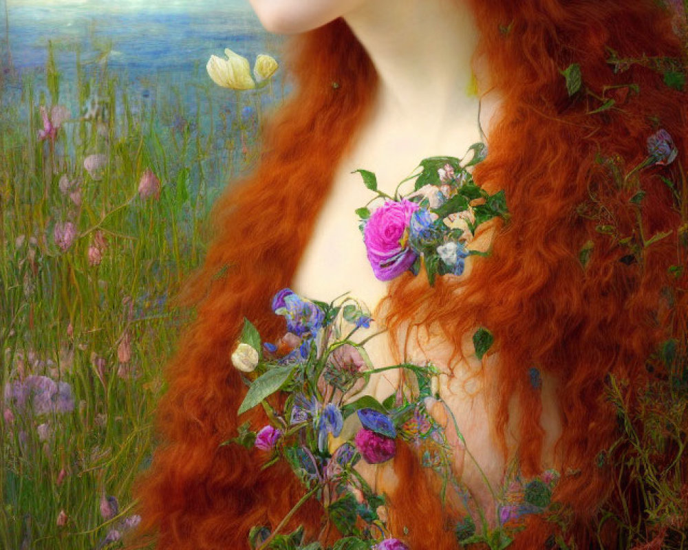 Red-haired woman surrounded by roses in a pre-Raphaelite style portrait.