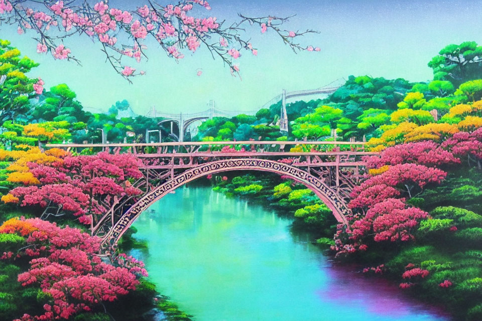 Serene river painting with red bridge, lush greenery, cherry blossoms