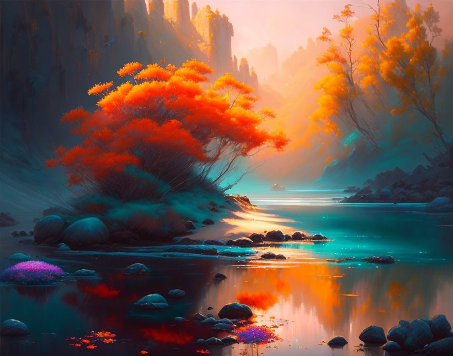 Colorful surreal landscape with orange tree and blue river