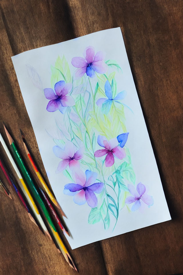 Purple flowers sketch with green leaves and colored pencils on wooden surface