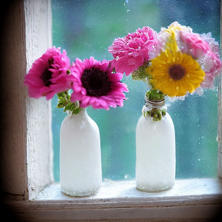 White vases with pink and yellow flowers on dusty windowsill with soft light through grimy window pane