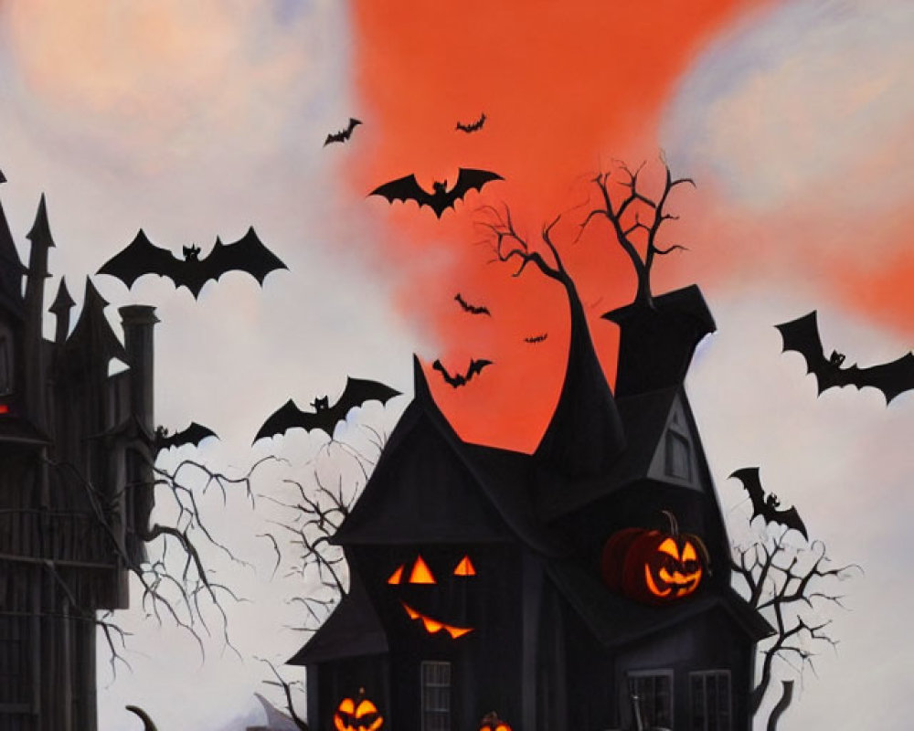 Haunted house, jack-o'-lanterns, bats, and eerie moon in Halloween scene