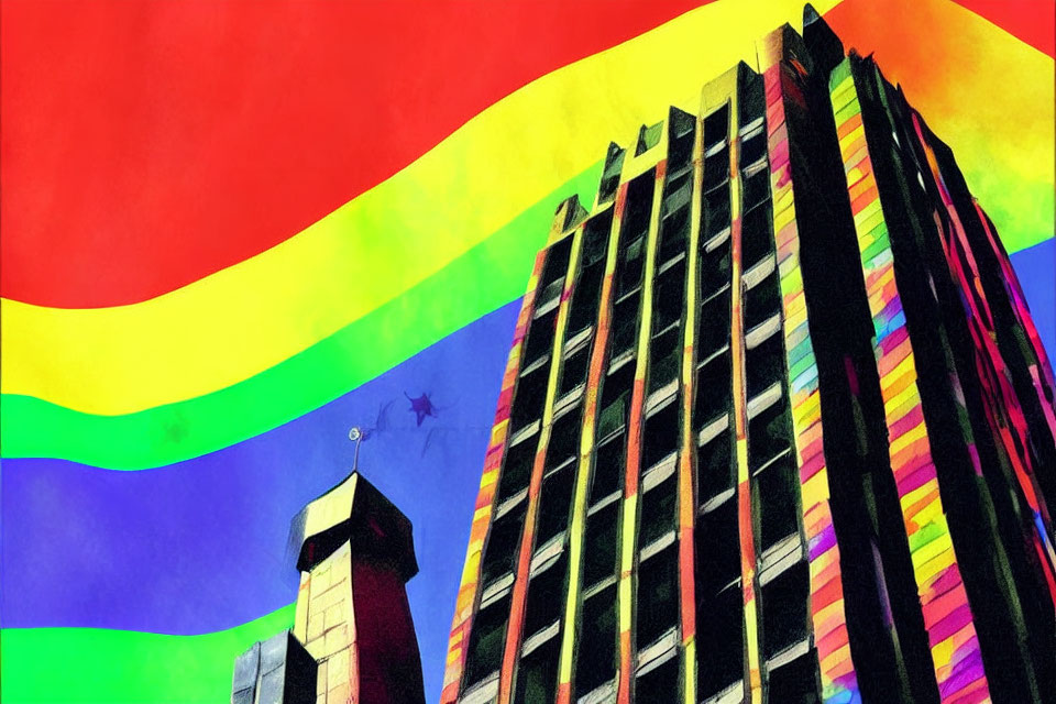 Colorful skyscraper illustration with rainbow backdrop and psychedelic art style