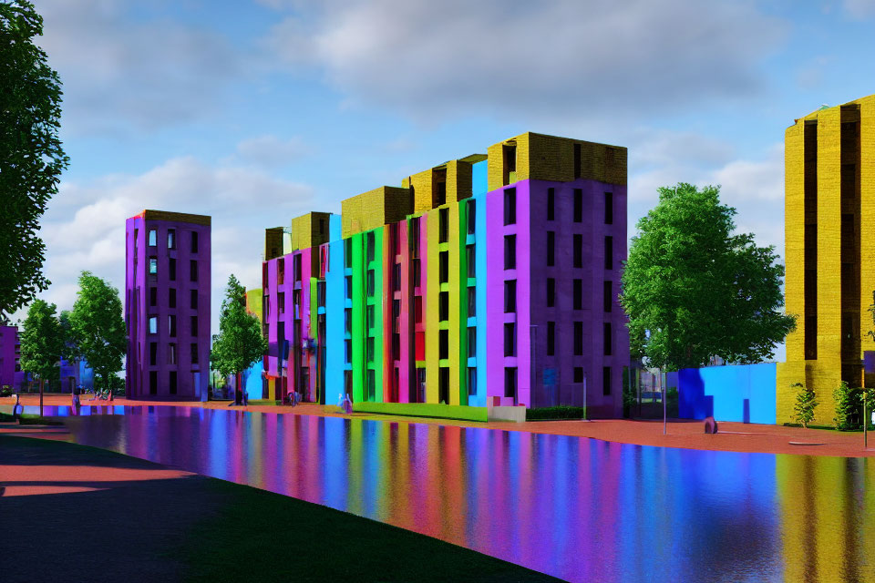 Vibrant apartment buildings mirrored in water beside tree-lined path under blue sky