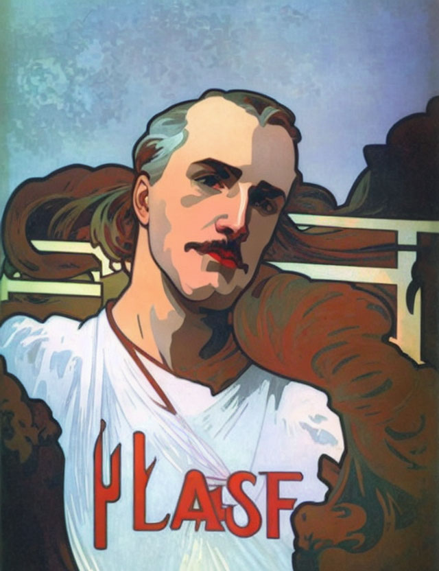 Stylized graphic art of man with wavy hair and toga, featuring bold "PLASF