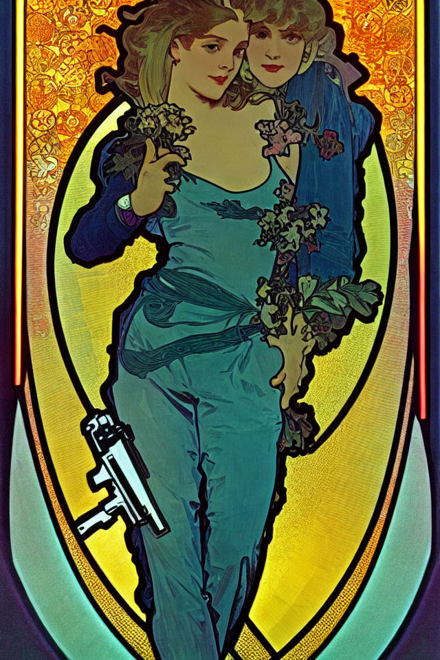 Art Nouveau style illustration of two women in floral dresses embraced in stained-glass design